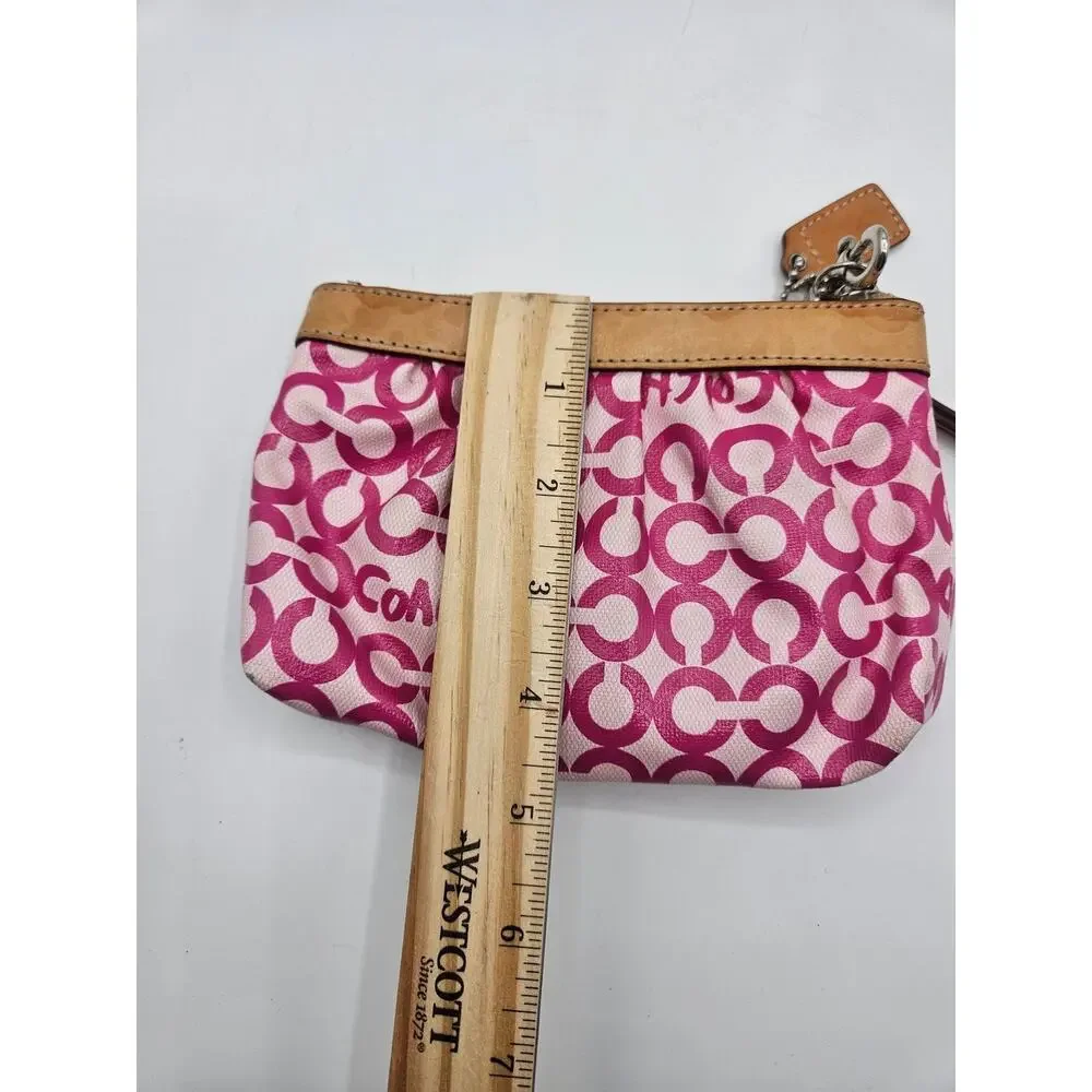 Coach Leah Opt Art Pink Coated Canvas Tan Leather Cosmetic Toiletry Make-up Bag‎